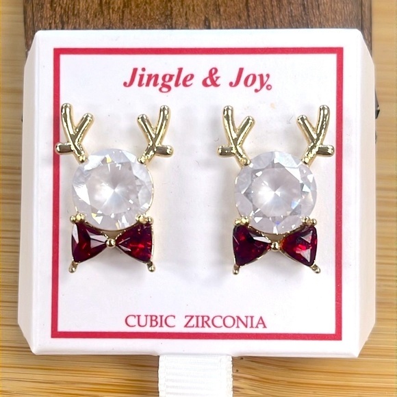 Brand New Large Cubic Zirconia Christmas Reindeer Bow Tie Sparkly Post Earrings - Picture 7 of 8